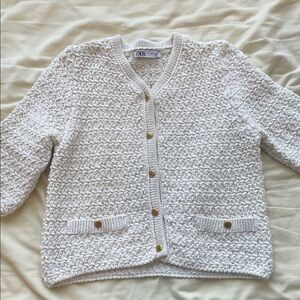 Zara Women's METALLIC THREAD KNIT CARDIGAN in Ecru